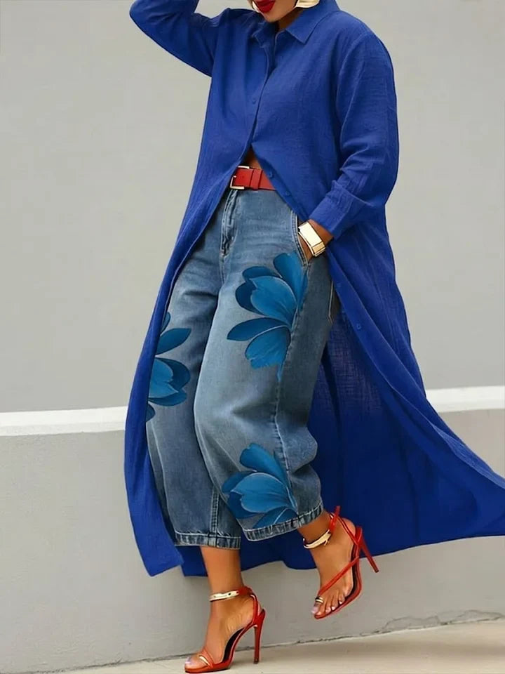 Maud | Long Shirt & Floral Jeans Set