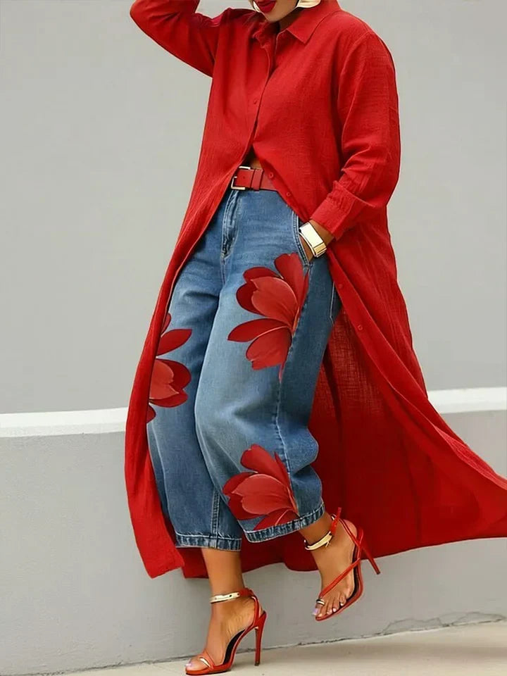 Maud | Long Shirt & Floral Jeans Set