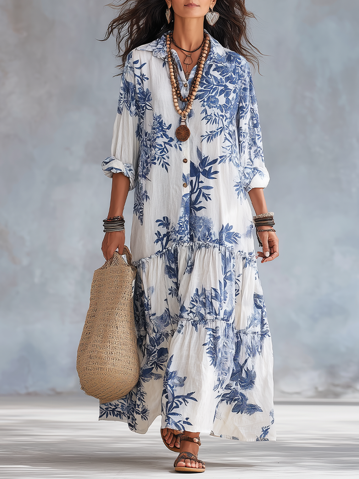 Bohemian Blue Floral Button-Down Maxi Dress