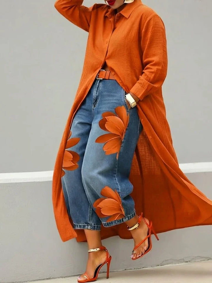 Maud | Long Shirt & Floral Jeans Set
