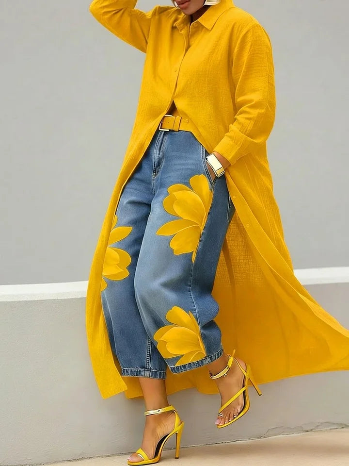 Maud | Long Shirt & Floral Jeans Set