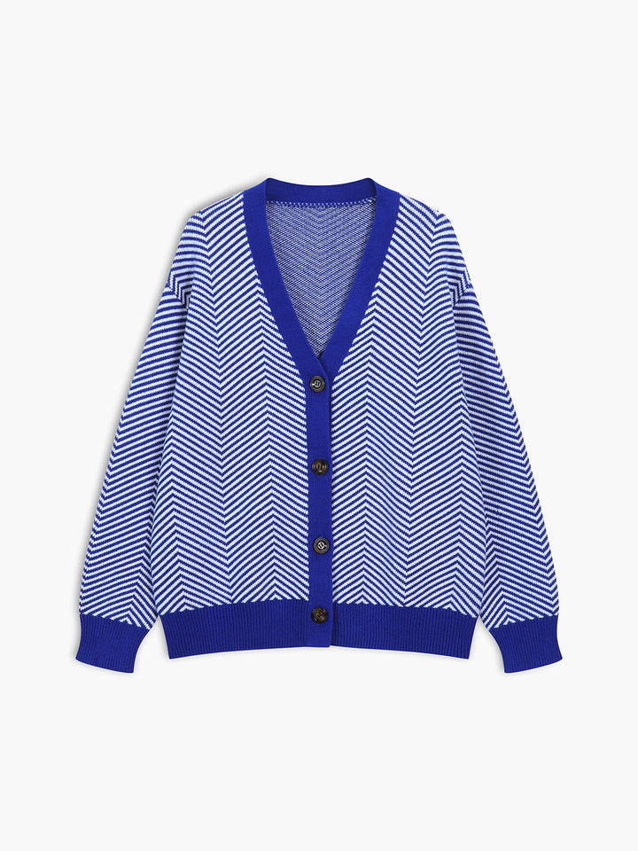Chevron Contrast Button-Up Cardigan