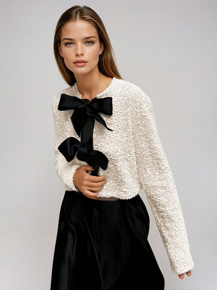 Textured Sequin Jacket with Velvet Bow Detail