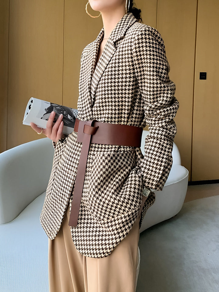 Women's Houndstooth Belted Split-Hem Blazer