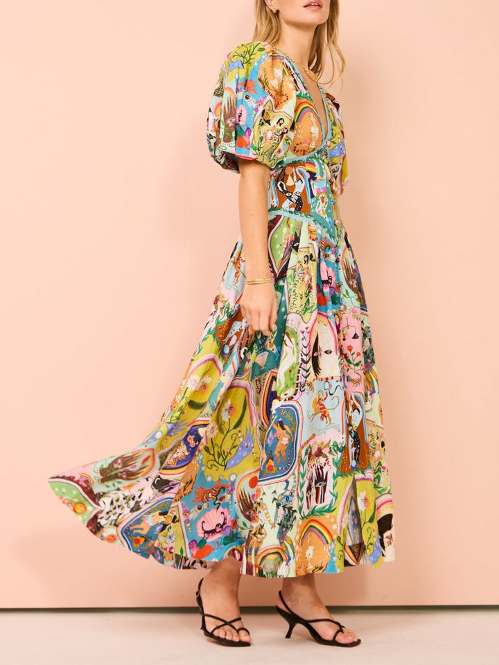 Casual Midi Dress with Graffiti Print Evergreen