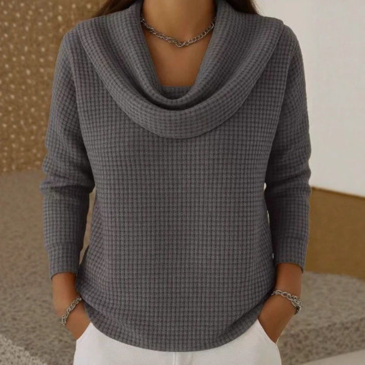Amber™ – Warm Waffle Sweater with Elegant Waterfall Neckline