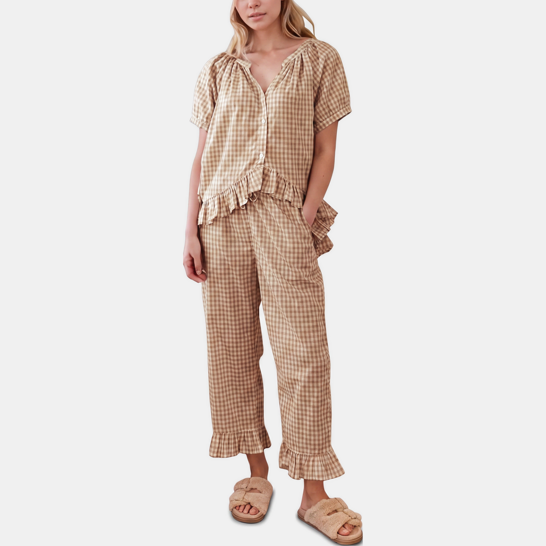 Women's Ruffle Trim Pajama Sets Short Sleeve Button Front Two Piece