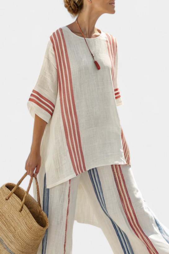 Solvane | Sophisticated Multicolour Striped Top & Mediterranean Trousers