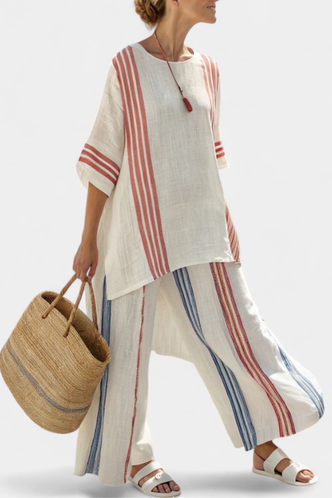 Solvane | Sophisticated Multicolour Striped Top & Mediterranean Trousers