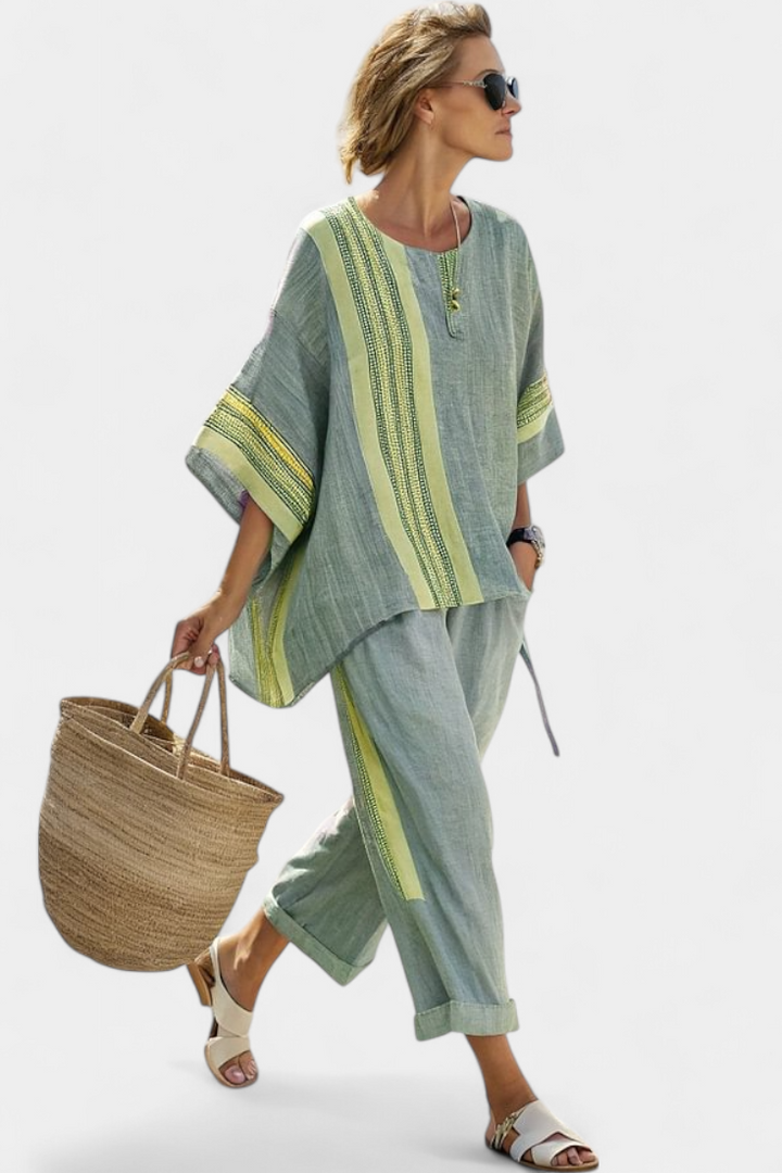 Elowric | Elegant Lavender Top & Mustard Striped Trousers
