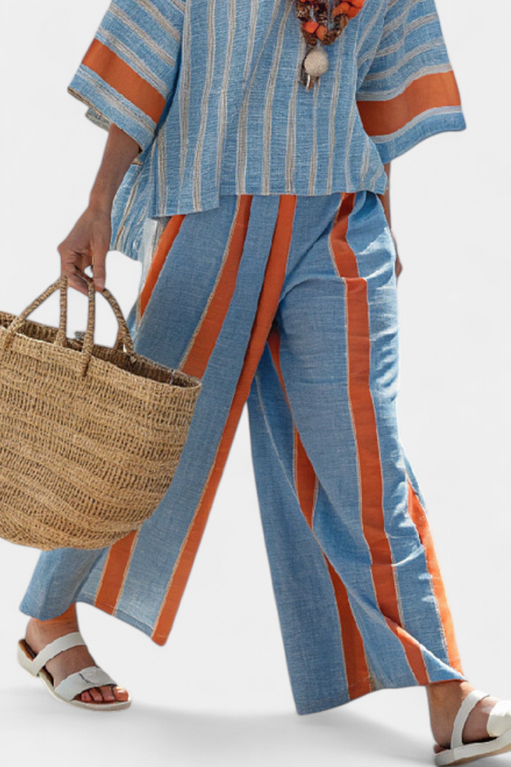 Velmere | Sophisticated Terracotta Striped Top & Linen Trousers