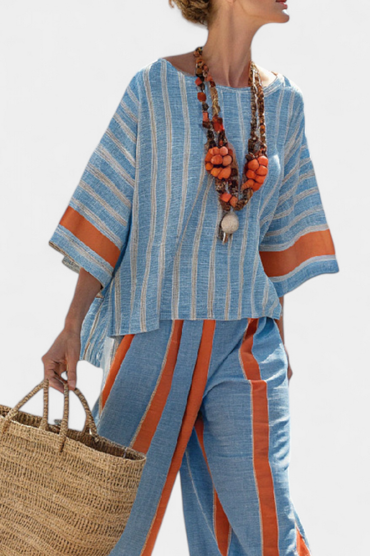 Velmere | Sophisticated Terracotta Striped Top & Linen Trousers