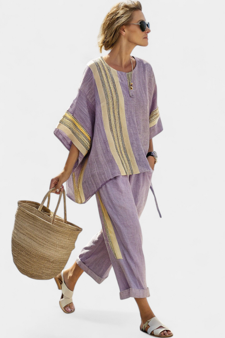 Elowric | Elegant Lavender Top & Mustard Striped Trousers