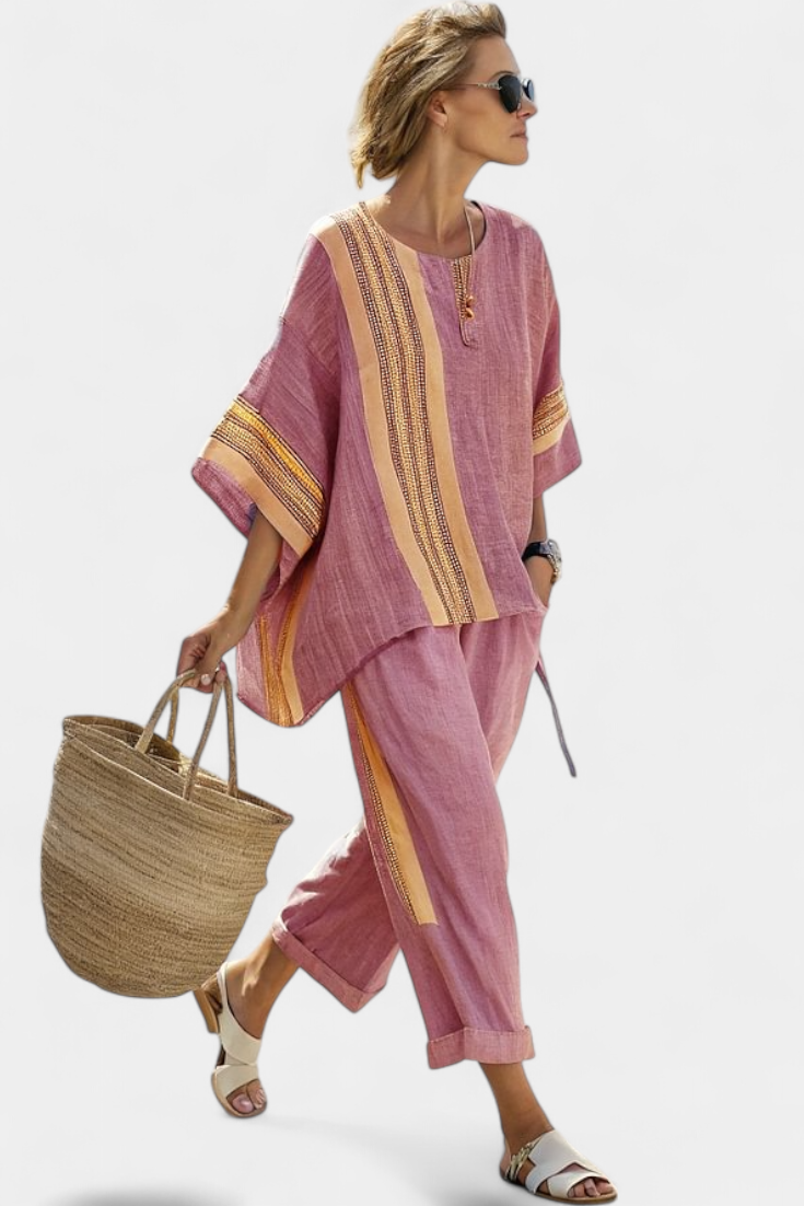Elowric | Elegant Lavender Top & Mustard Striped Trousers