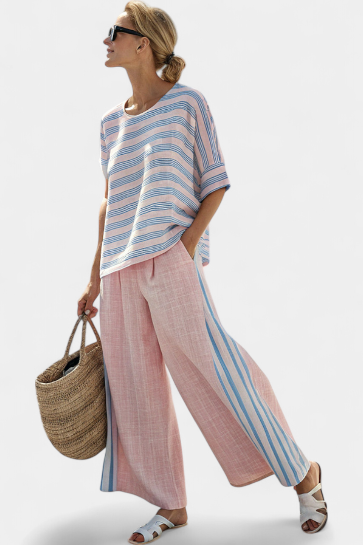 Virella | Elegant Pink-Blue Linen Blouse & Soft Trousers