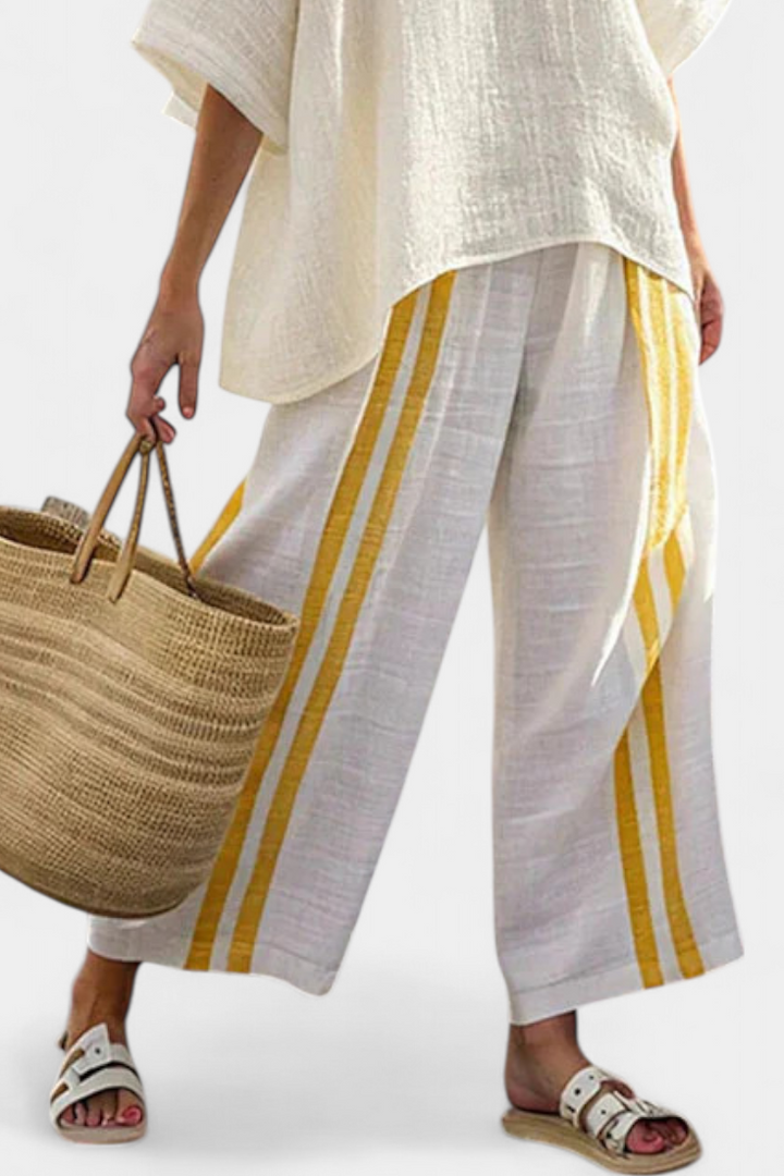 Anselor | Elegant Yellow Striped Linen Top & Wide-Leg Trousers