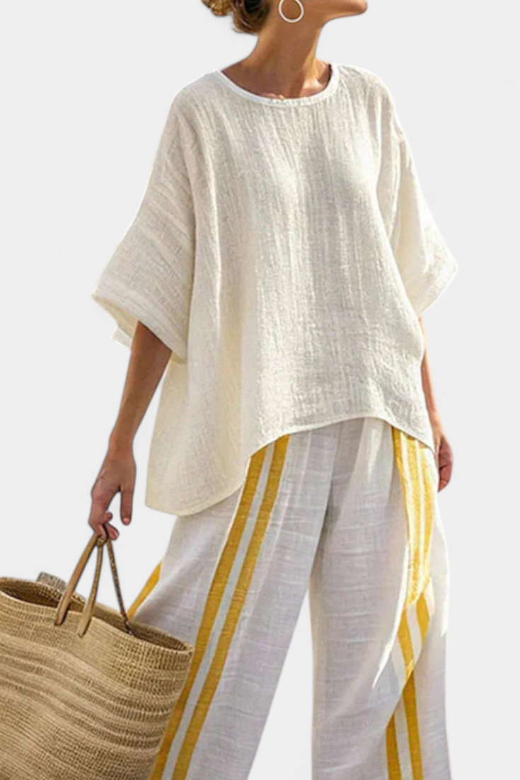 Anselor | Elegant Yellow Striped Linen Top & Wide-Leg Trousers