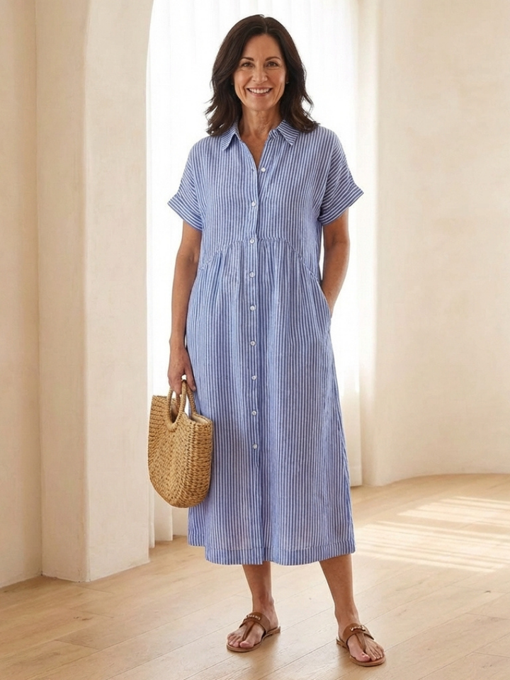 Linda | Striped Button Front Midi Dress