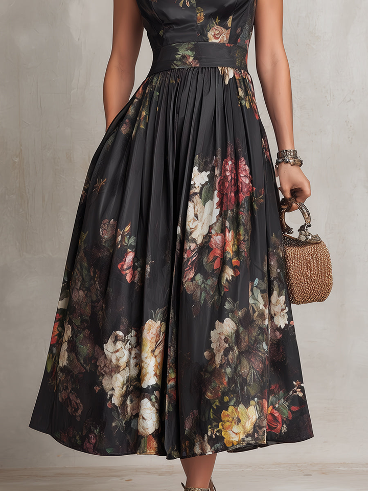 Black Keyhole Pleated Midi Dress