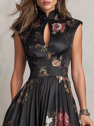 Black Keyhole Collar Floral Pleated Midi Dress