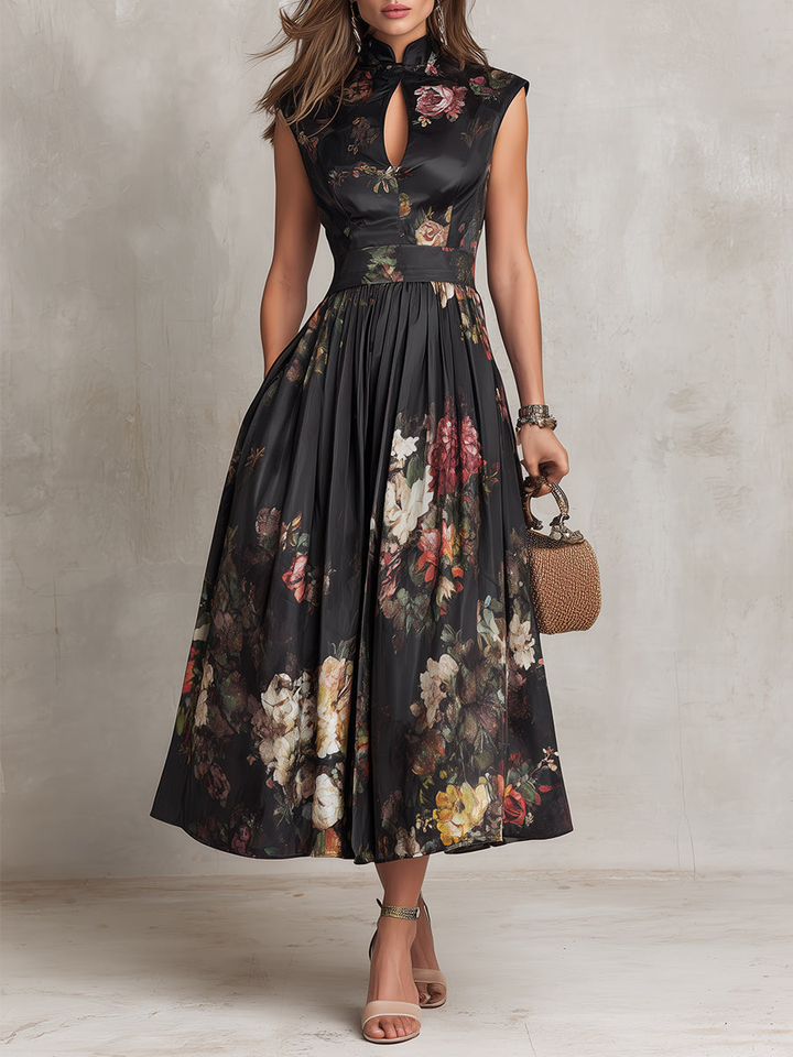 Black Keyhole Pleated Midi Dress
