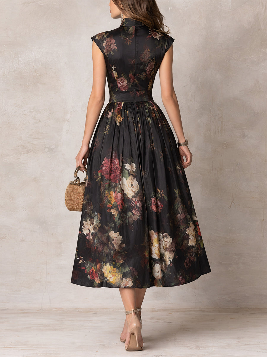 Black Keyhole Collar Floral Pleated Midi Dress
