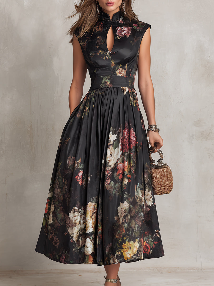 Black Keyhole Pleated Midi Dress