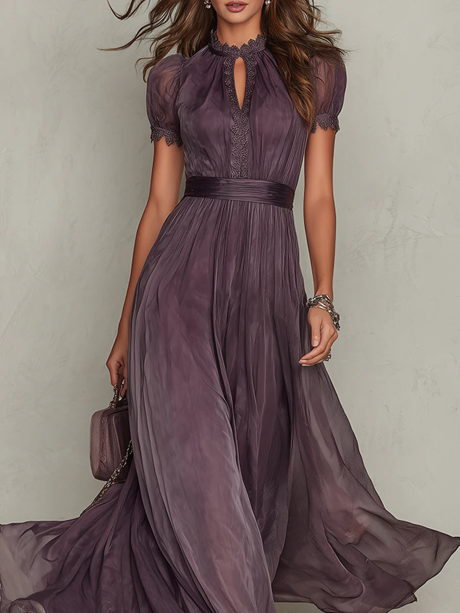 Purple Keyhole Neckline Lace Trim Maxi Dress