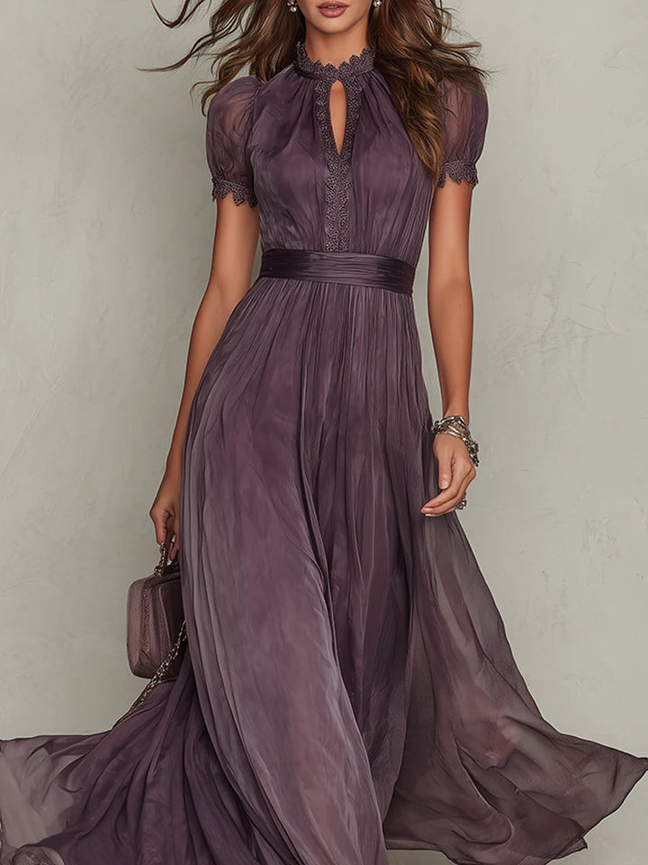 Purple Keyhole Lace-Trim Maxi Dress