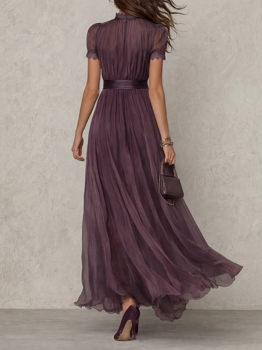 Purple Keyhole Lace-Trim Maxi Dress
