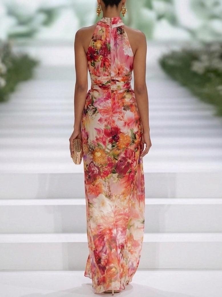 Red Floral Halter-Neck Sleeveless Maxi Dress