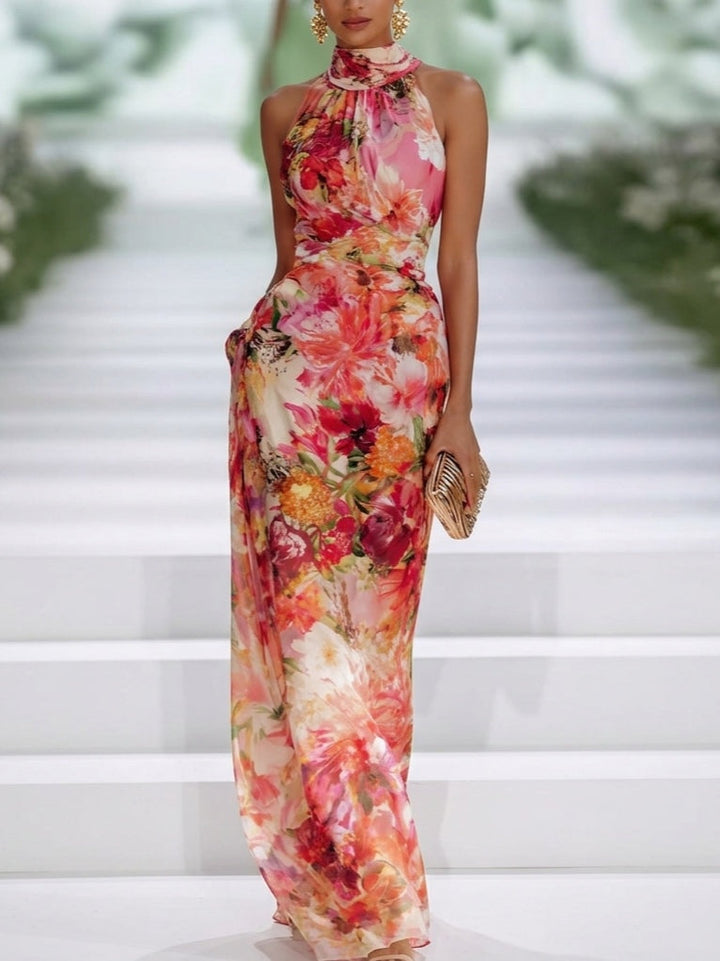 Red Floral Halter Maxi Dress