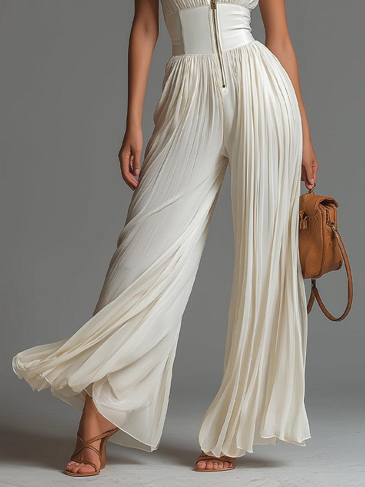 White Pleated Wide-Leg Jumpsuit