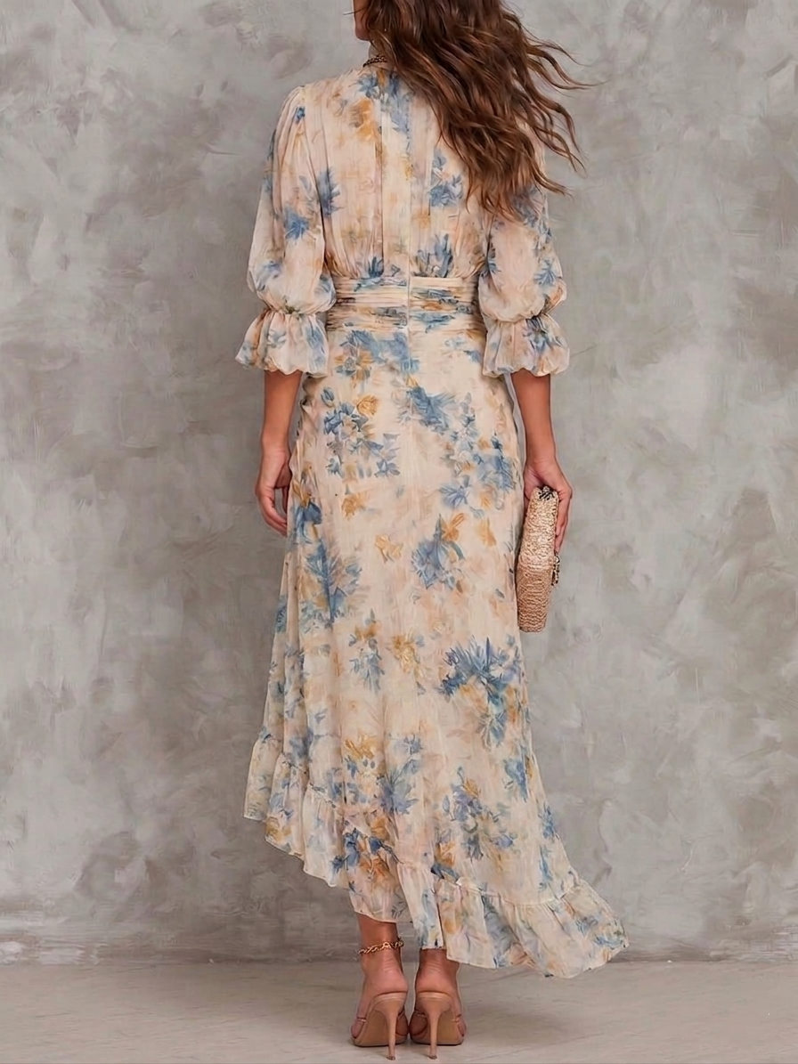 Beige Painted Floral Maxi Dress