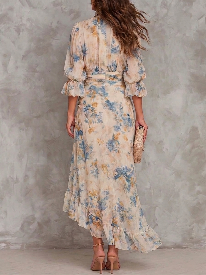 Beige Painted Floral Maxi Dress