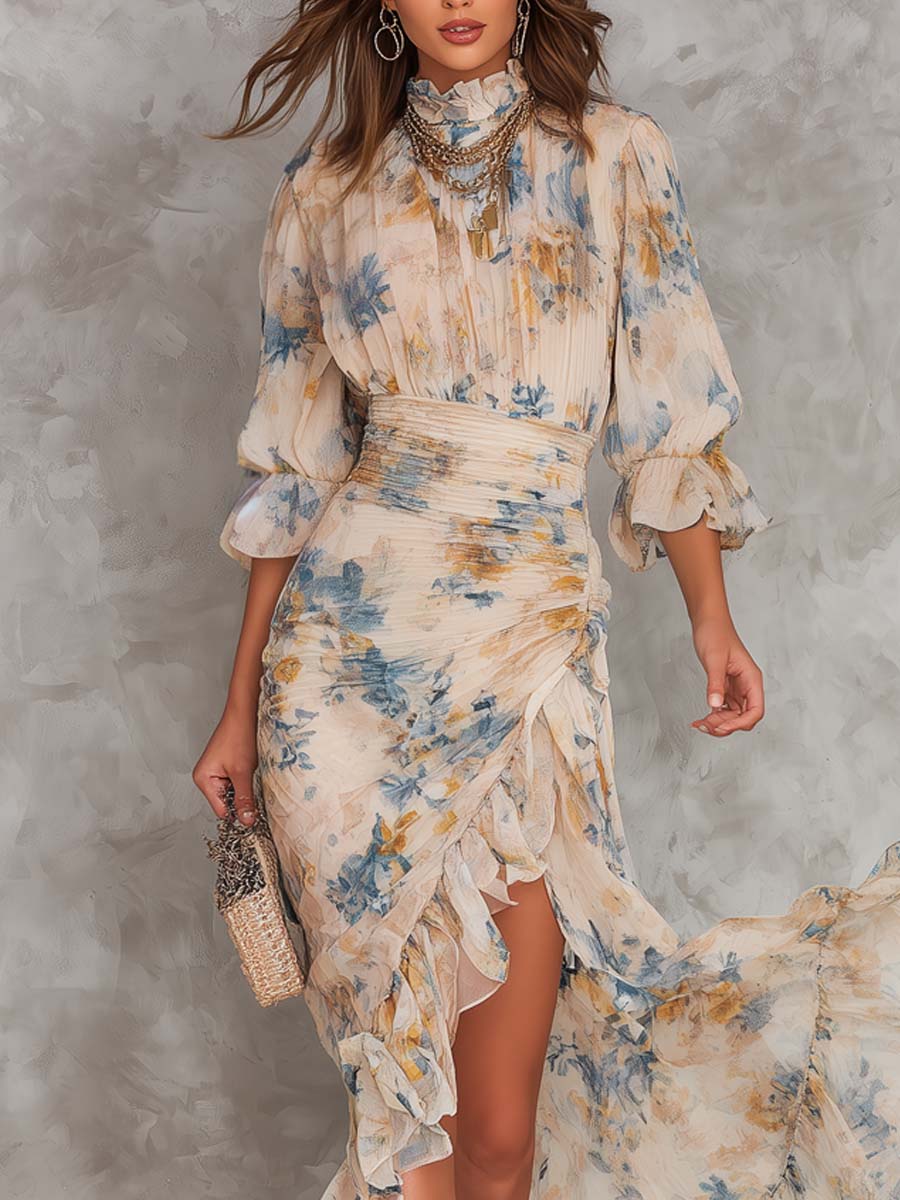 Beige Painted Floral Maxi Dress