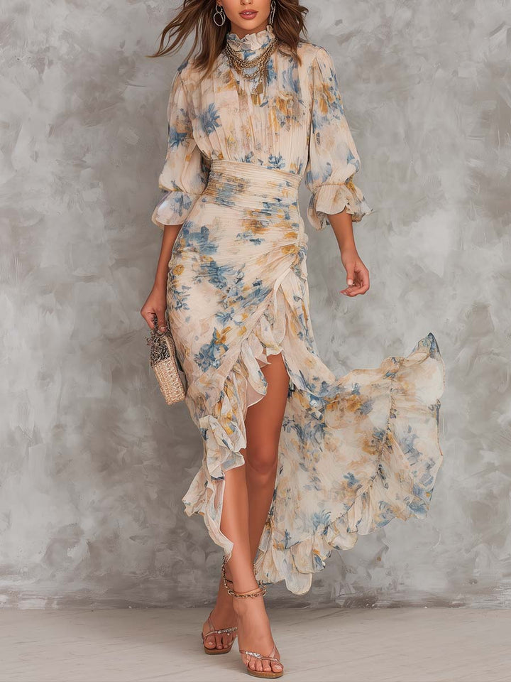 Beige Painted Floral Maxi Dress