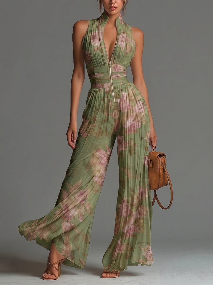 Green Floral Pleated Wide-Leg Jumpsuit