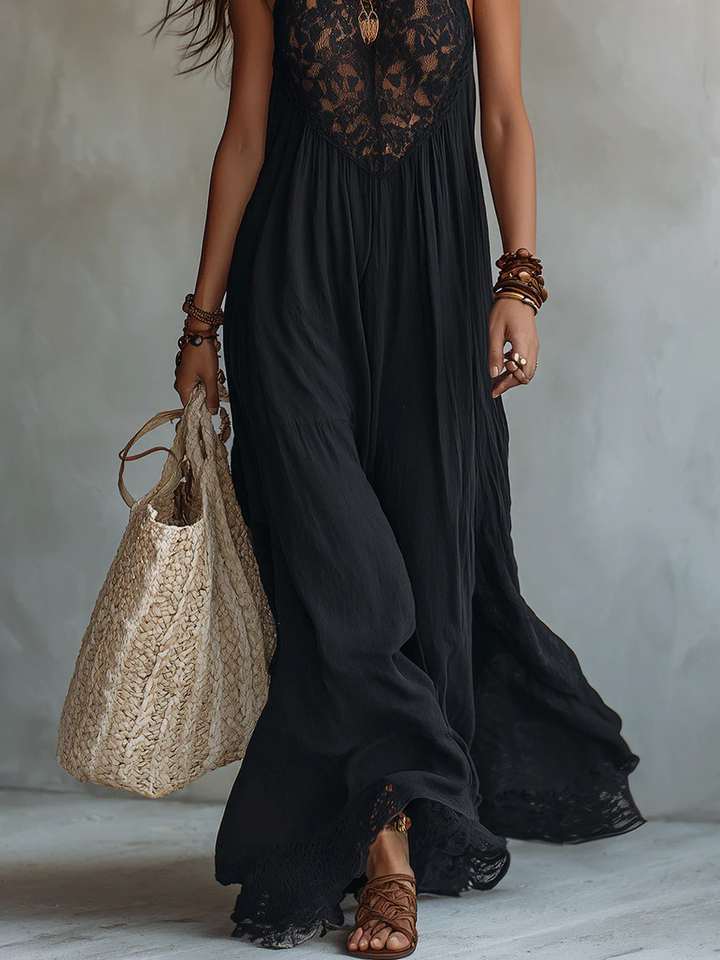 Black Bohemian Lace-Trim Maxi Dress