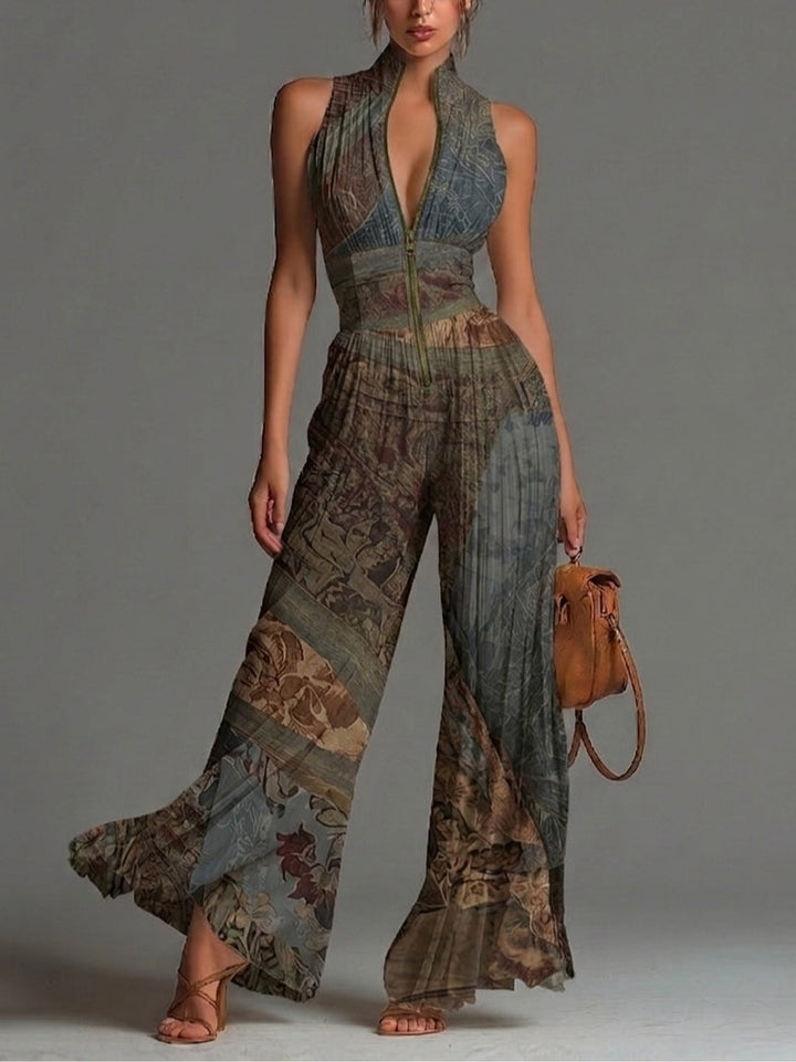 Gray Blue Bohemian Wide-Leg Jumpsuit