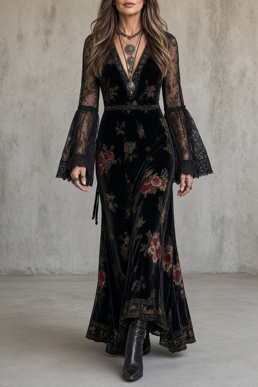 Natalie™ | Lace-Sleeve Floral Maxi Dress