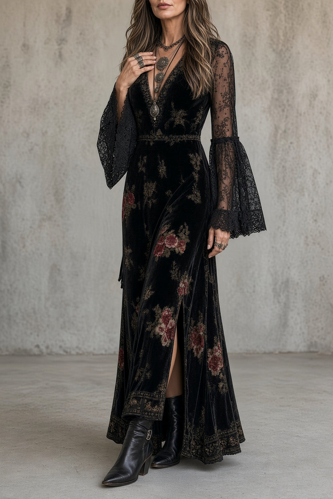 Natalie™ | Lace-Sleeve Floral Maxi Dress