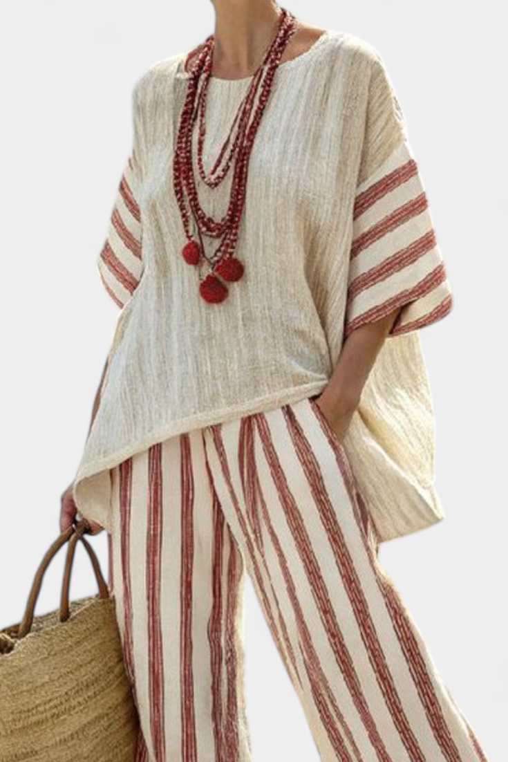 Braelith | Elegant Rustic Striped Top & Cream Linen Trousers