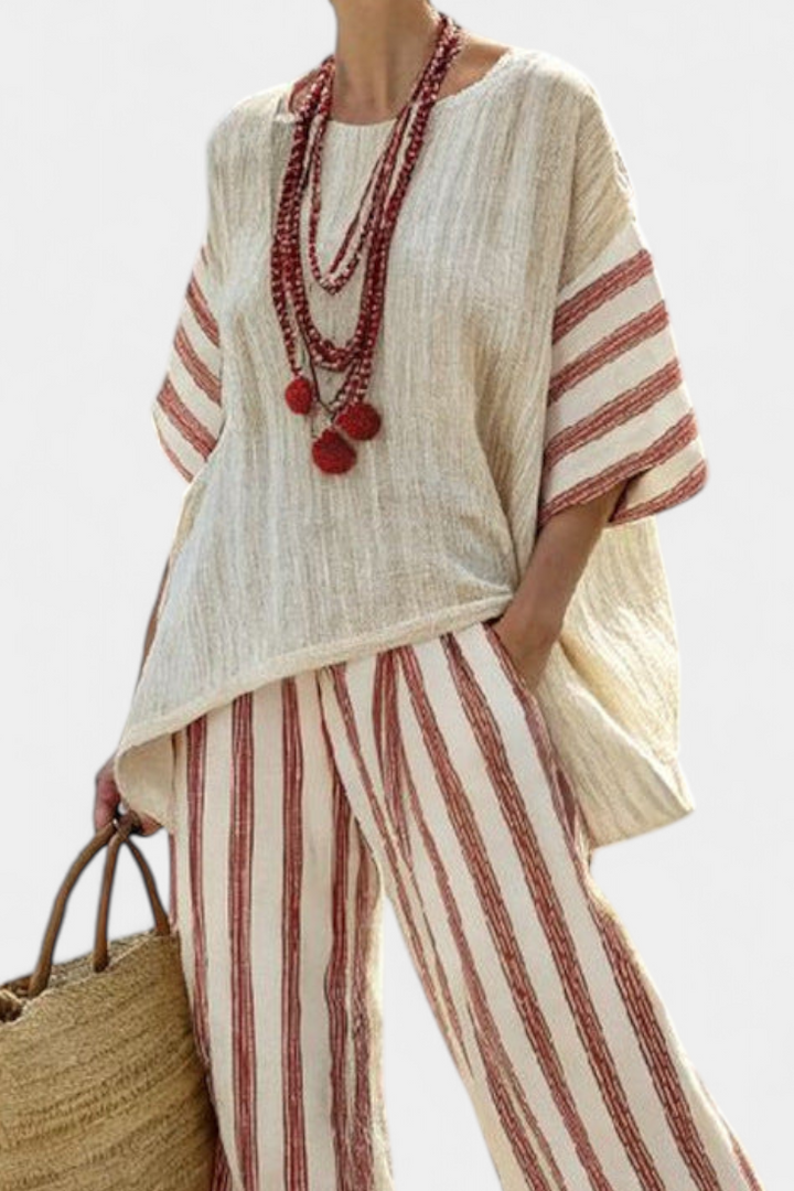 Braelith | Elegant Rustic Striped Top & Cream Linen Trousers