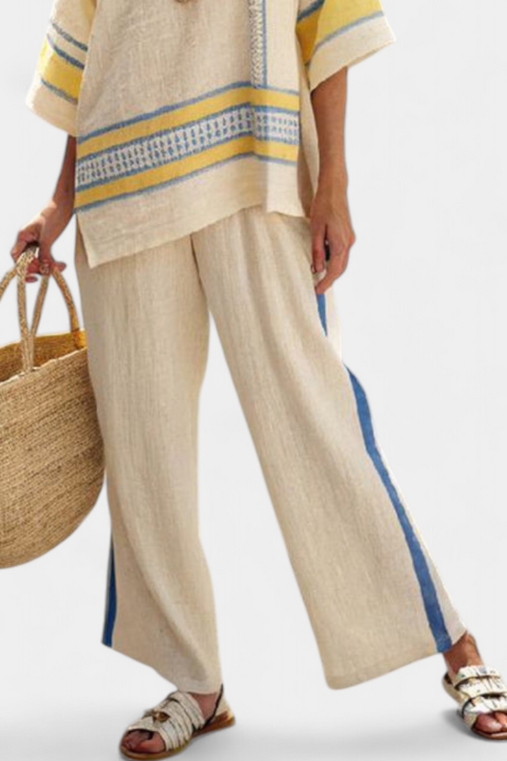 Jaxmere | Comfortable Blue-Yellow Mediterranean Top & Linen Trousers