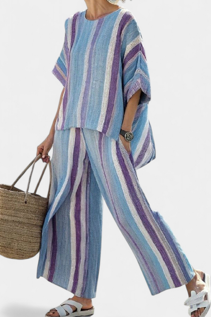Faelith | Elegant Mauve Pastel Top & Striped Linen Trousers