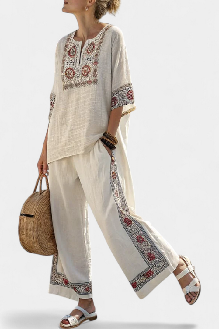Tameric | Sophisticated Embroidered Raw Blouse & Wide Trousers