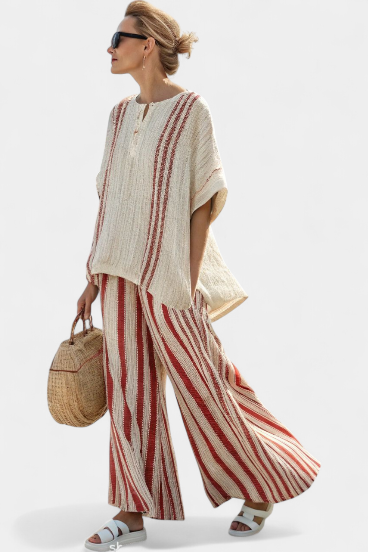 Mirella | Sophisticated Textured Red-Stripe Top & Linen Trousers
